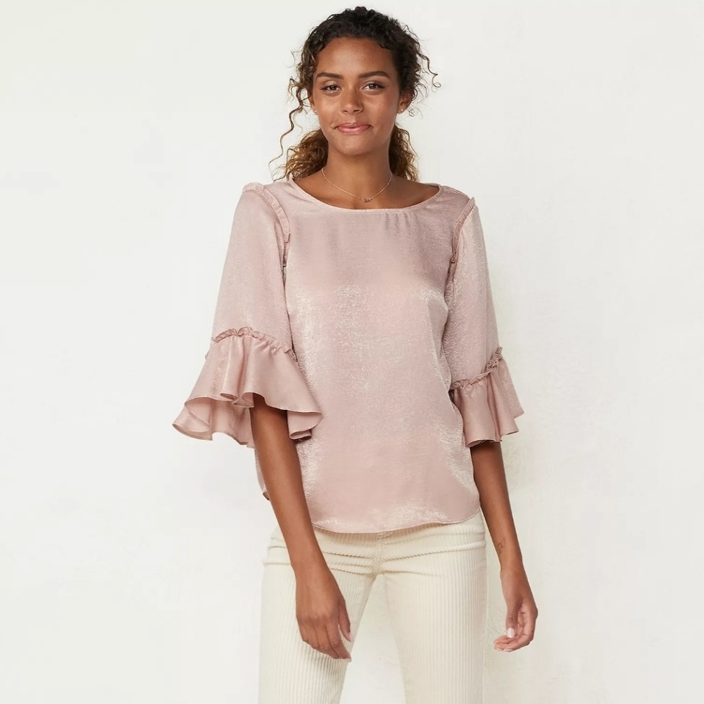 LC Lauren Conrad Women's Feminine Satin 3/4 Flutter Sleeve Blouse Blush Pink XL